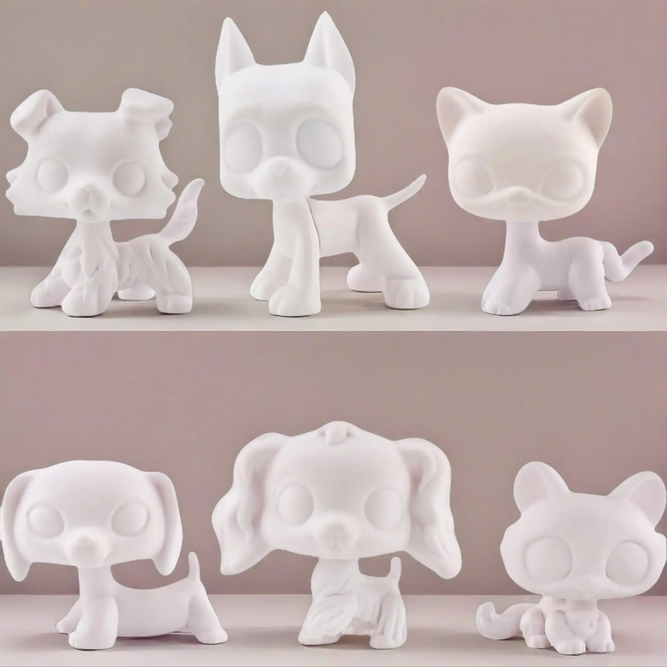 6 Pcs Mini Pet Shop White Mold Blank Bases - Custom DIY Animal Figurine Toys for Dogs, Cats