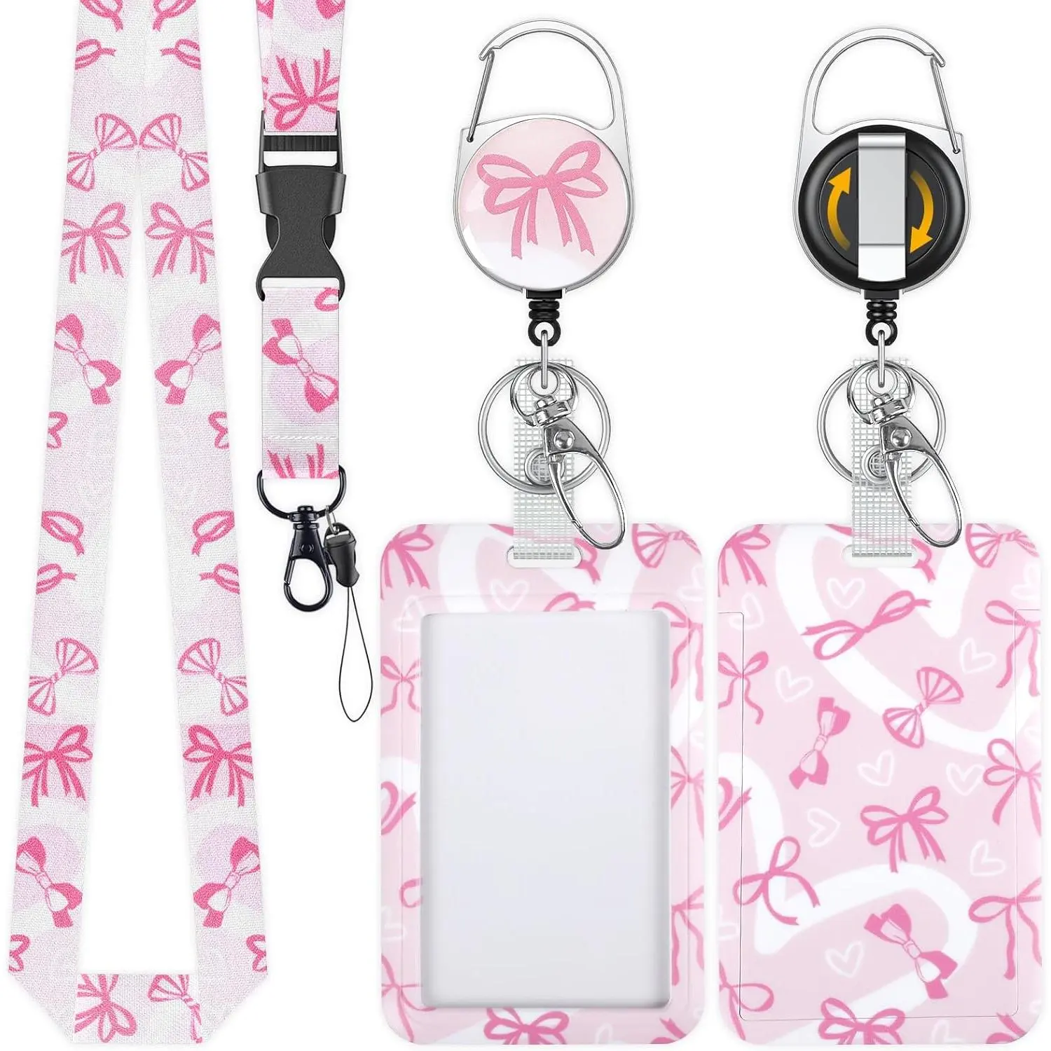 Fashionable Sliding Badge Holder Bowknot  Plastic Card Holder with Retractable Badge Reel Carabiner & Detachable Lanyard Vertical Card Protector for Office Worker Teacher Student