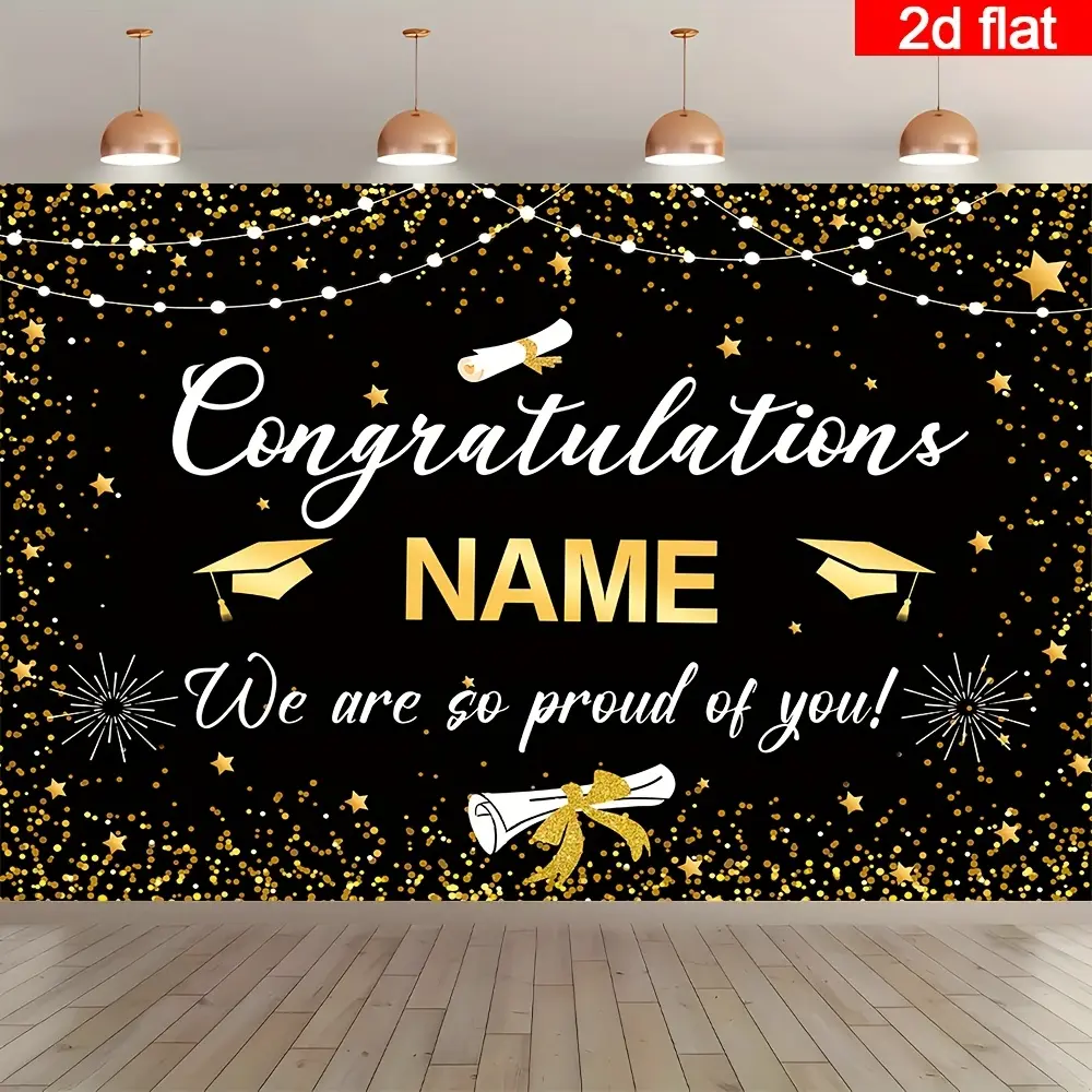 1pc Customizable Name Class of 2026 Congrats Grad Party Banner | Polyester Bachelor Hat Black and Golden Bokeh Pattern Photography Backdrop, Personalized Name Graduation Season Banner for High School College Classroom Home Wall Outdoor Garage Yard