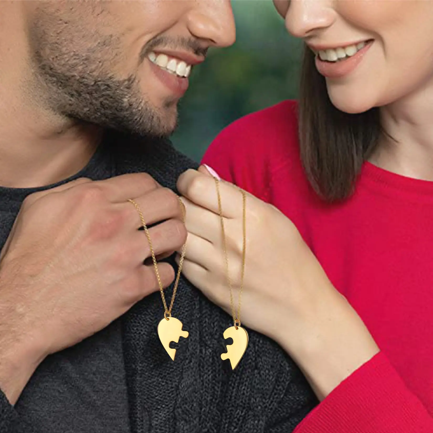 FaithHeart 2-Piece Double Heart Puzzle Matching Pendants, Couples Hearts Pendant Necklace, Double Heart Necklace