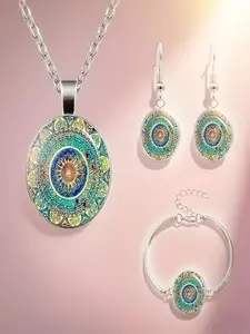 Retro Creative Mandala Flower Pattern Jewelry Set, Sexy Style Alloy Chain, All-Season Wear, Includes Necklace Bracelet Earrings
