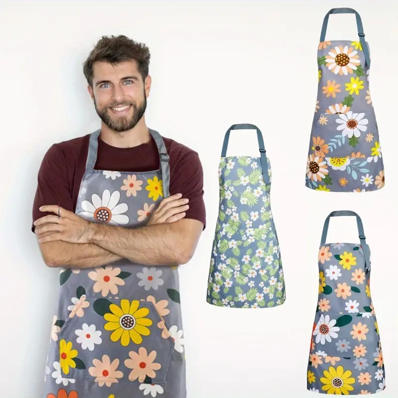 Kitchen Floral Waterproof Aprons with Adjustable Neck Strap Large Pocket Perfect for Cooking, Gardening Salon Use Suitable for Home Kitchen Essential Kitchen Accessories