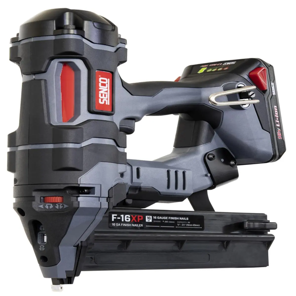 Senco Fusion F-16XP Cordless Finish Nailer - 18V, 2.5in, 16Gal, 550 Shots Per Charge, 6.7Lbs, Batteries Included, Dry Fire Lockout, Durable Design, Jam Reduction Intelligence, Nose Mounted LED Light, Selectable Drive Modes (Boating Water Sports Essential)