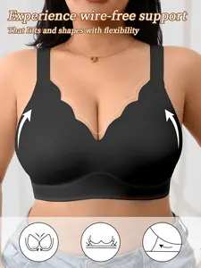 Women's Plus Size Plain V-Neck Bralette, Medium Support, Fit, Adjustable Strap, Breathable Unlined, Feminine Sexy Wave Edge Design, Aesthetics, All Seasons, Seamless Underwear, Womenswear