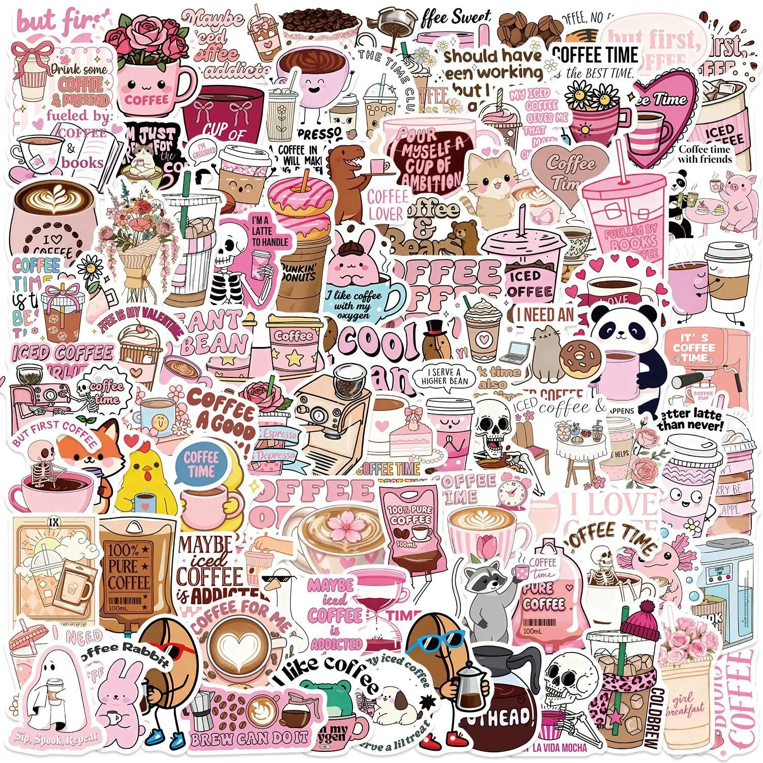 100 Cartoon Fun Coffee Graffiti Stickers DIY Decoration Crafts Scrapbooking Scrapbook Accessory Guitar Notebook Luggage, Sticker Sheets Printed Decorative Stickers for Kids and Adults