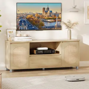 Rattan TV Stand for 70 Inch TV Boho TV Entertainment Center Wooden TV Console with Drawer and 2 Cabinets Media Console Cabinet for Living Room Bedroom Natural Oak