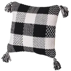 360 stand 16" Square 100% Cotton Handwoven Throw Pillow Cover - Bohemian Gingham Print, Square Shape, Tassel Edges, Rustic Black & White Soft Furnishing Cushion Accessory