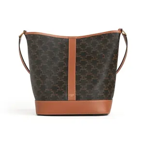 Celine Triomphe Canvas and Calfskin Bucket Shoulder Bag in Tan for Women