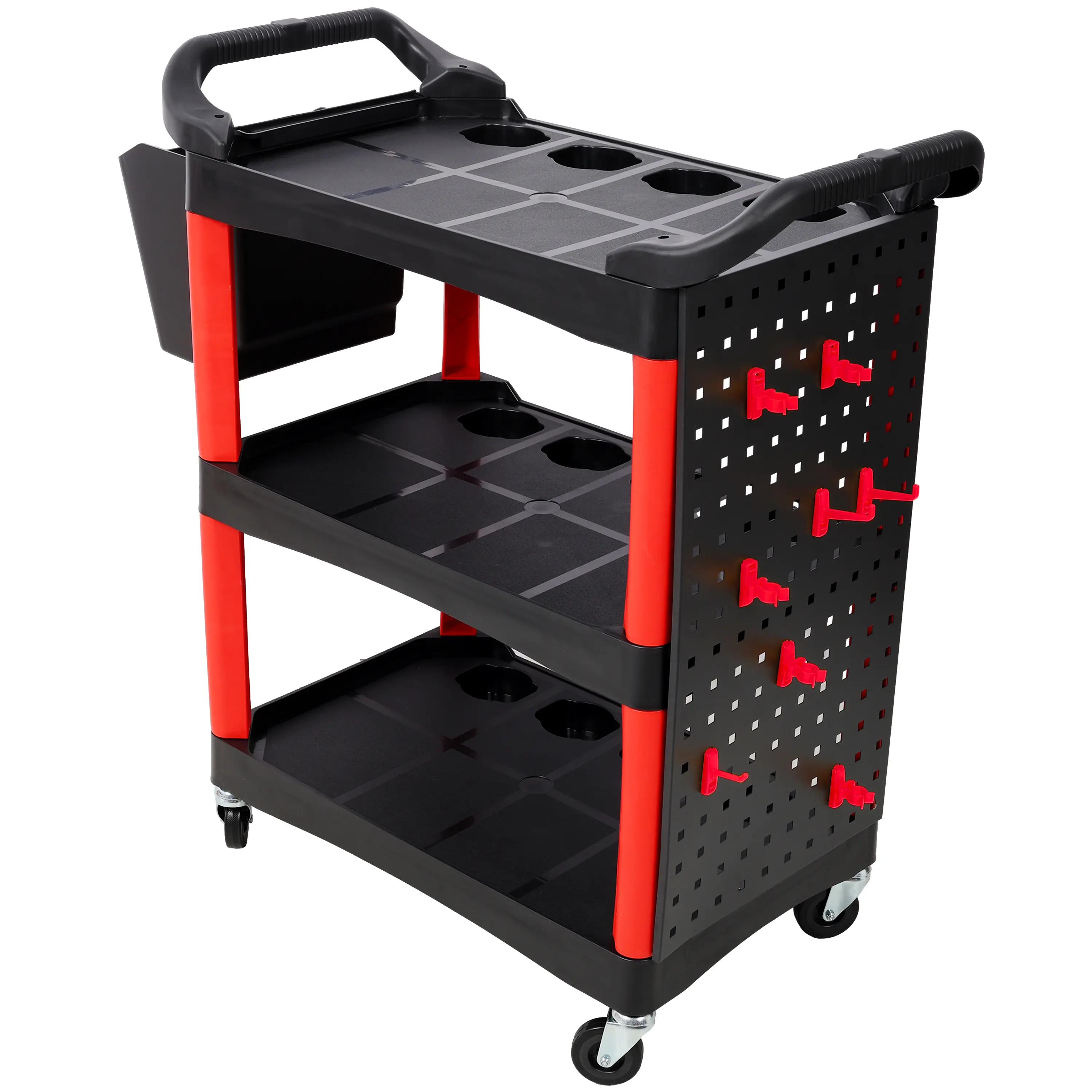 Durable 3-Tier Rolling Auto Detail Cart - 3-Layer Storage Rack Utility Cart with Wheels, Red and Black Plastic Organizer, Bucket Panel, Hooks, Racks, Space-Saving Freestanding Home Supply for Garage Storage, Rolls with You, Tool Organizer, 3-Layer Storage