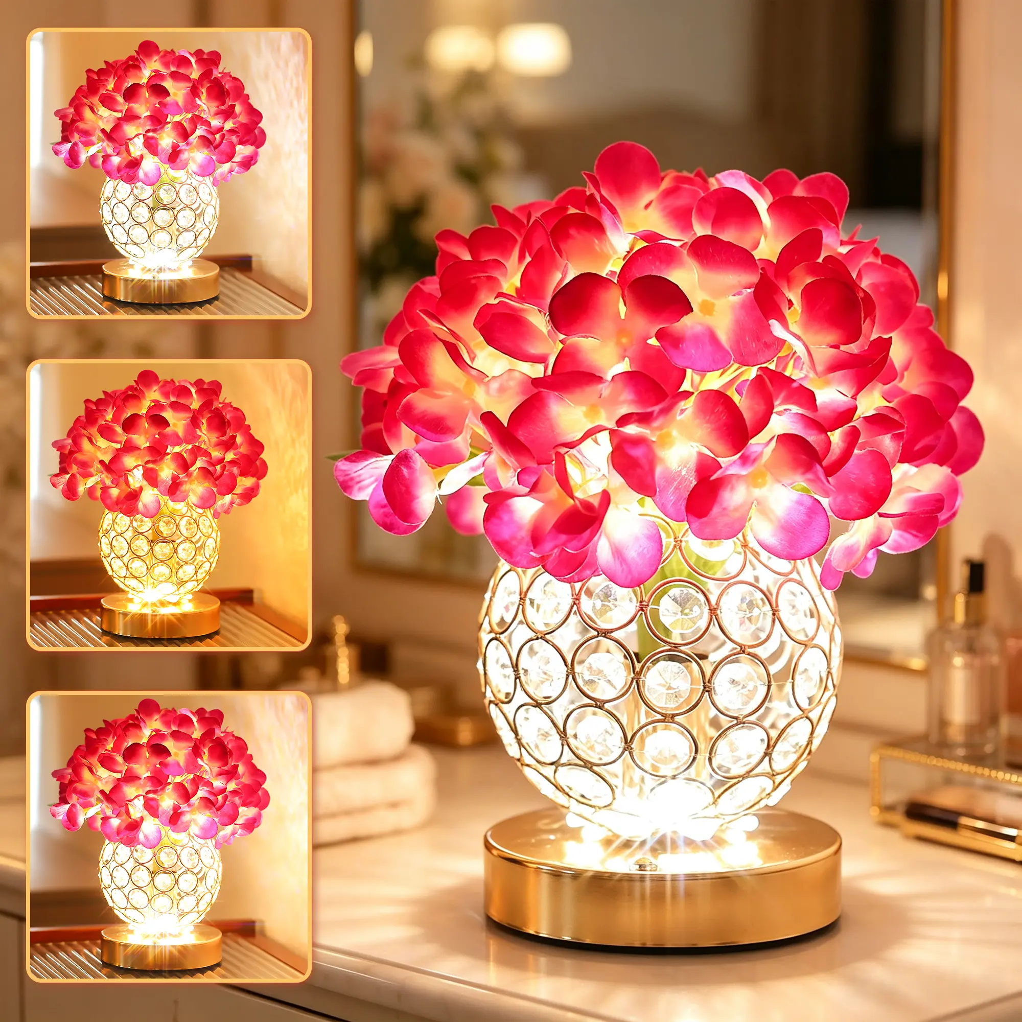 WSYEAR LED Artificial Hydrangea Flower Lamp, Crystal Vase Table Lamp with Touch & Remote Control, 3 Color Modes Stepless Dimmable Night Light, Romantic Decor Lamp for Bedroom Dining Room, Ideal Gift for Birthday Valentine Christmas