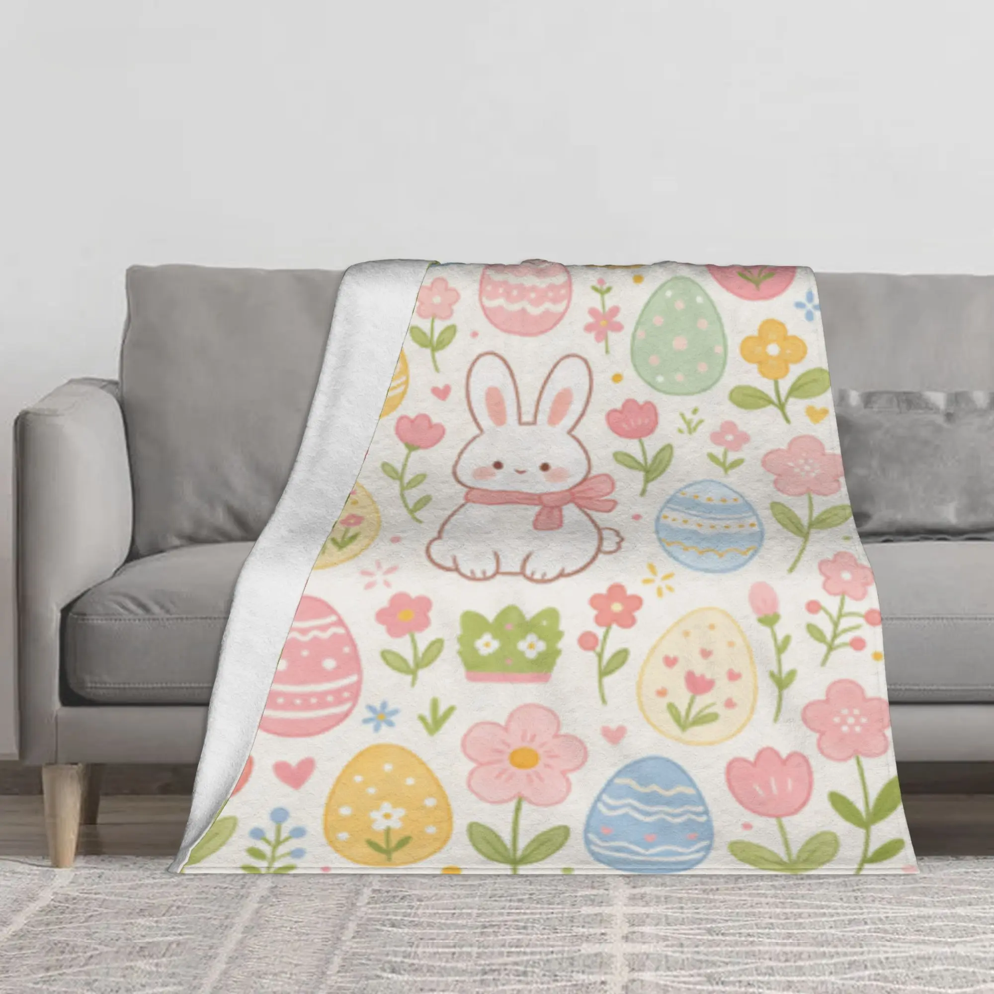 Cute Pastel Easter Bunny Floral Egg Flannel Throw Blanket, Large Soft Lightweight Warm Decor Blanket, Multi-Purpose Sofa Cover, Wall & Front Door Hanging Tapestry, Lovely Spring Easter Gift for Family, Kids and Friends