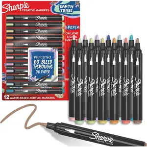 Sharpie Creative Markers, Earth Tones, WaterBased Acrylic, Bullet Tip, Assorted Colors, 12 Count – Arts  Crafts, School Classroom; Works on Paper, Metal, Wood, Ceramic,, Rock, Canvas