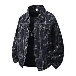 Men’s loose, versatile color-block jacket; spring long-sleeve collared top; casual loose unisex patchwork-color jacquard denim jacket.