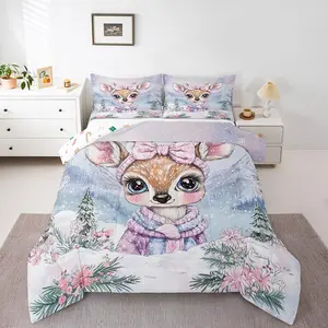 Kids Cute Elk Comforter Set,Winter Christmas Deer Bedding Set,Kawaii Xmas Snowflake Bedding Comforter Sets,Flower Leaves Quilt Duvet