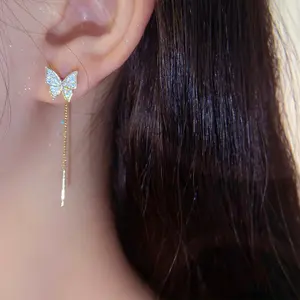 Zircon Butterfly Ear Thread, Niche Design, Light Luxury Sense DDES0627, High-Grade Earrings, Versatile 14K Gold-Plated