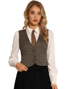 INSPIRE CHIC Single Breasted V Neck Sleeveless Racerback Retro Waistcoat Plaid Vest