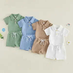 Canrulo Newborn Baby Boy Summer Outfit Solid Color Waffle Knit Short Sleeve Collared Romper Shorts Set 0 3 6 12 18 Months