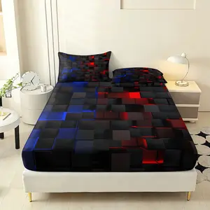 3pc geometric bed cover set, Bed sheet sets, with geometric square pattern, including 1 fitted sheet and 2 pillow covers, multiple sizes available, suitable for holiday gifts, bedrooms, guest rooms, etc.