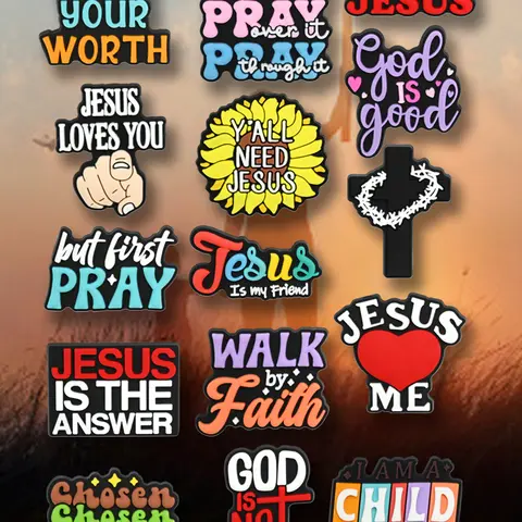 15-Piece Religious Jesus Slogan Shoe Decorations, Shoe Decoration Charms, Shoe Charm Set, Colorful Detachable DIY Accessories, Jewelry for Shoes, Boots, God is not dead, Pray, Walk by Faith, Jesus is my friend, Vote Jesus