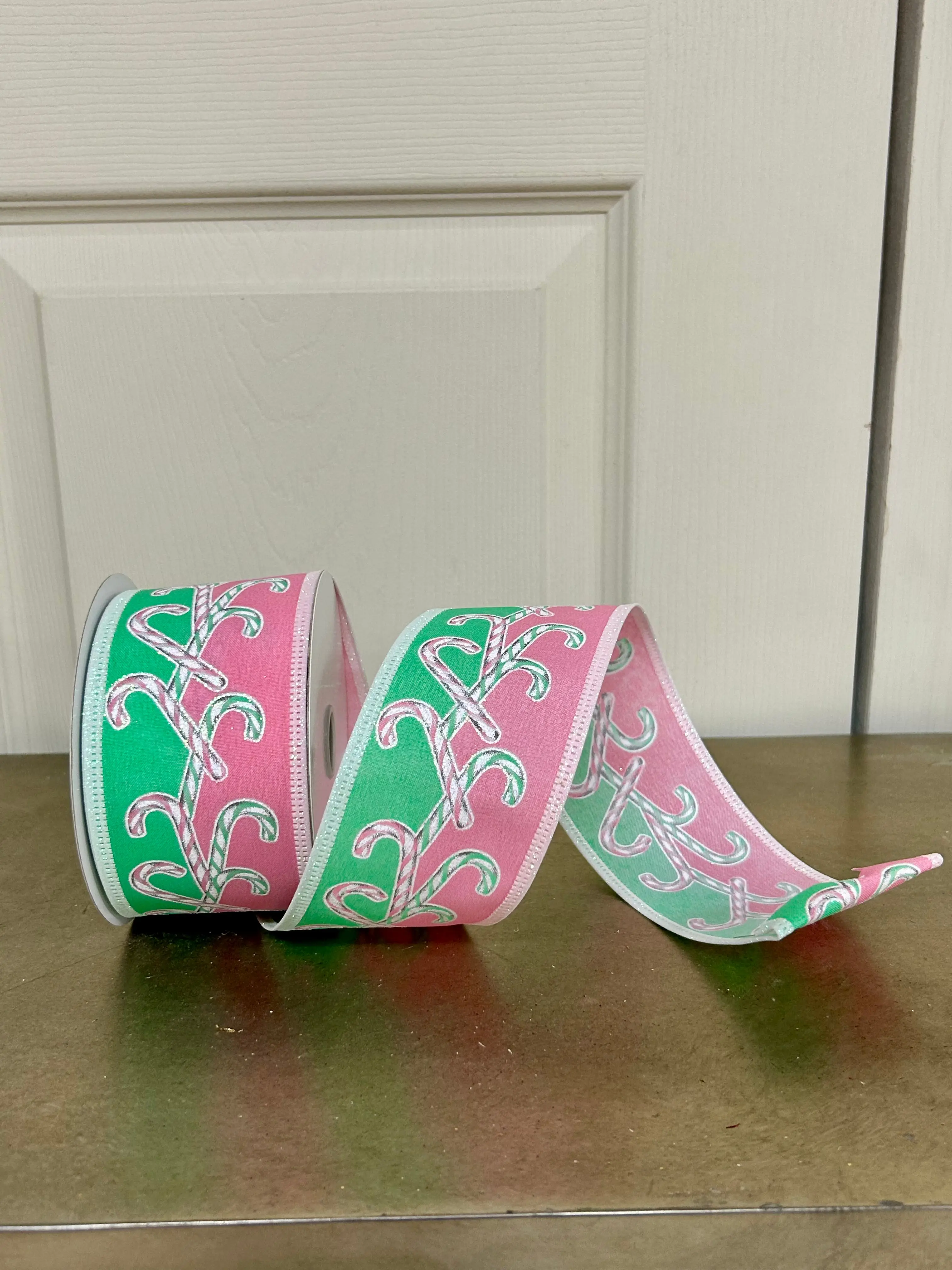 2.5 Inch By 10 Yard Mint Pink White Iridescent Glitter Candy Cane Ribbon