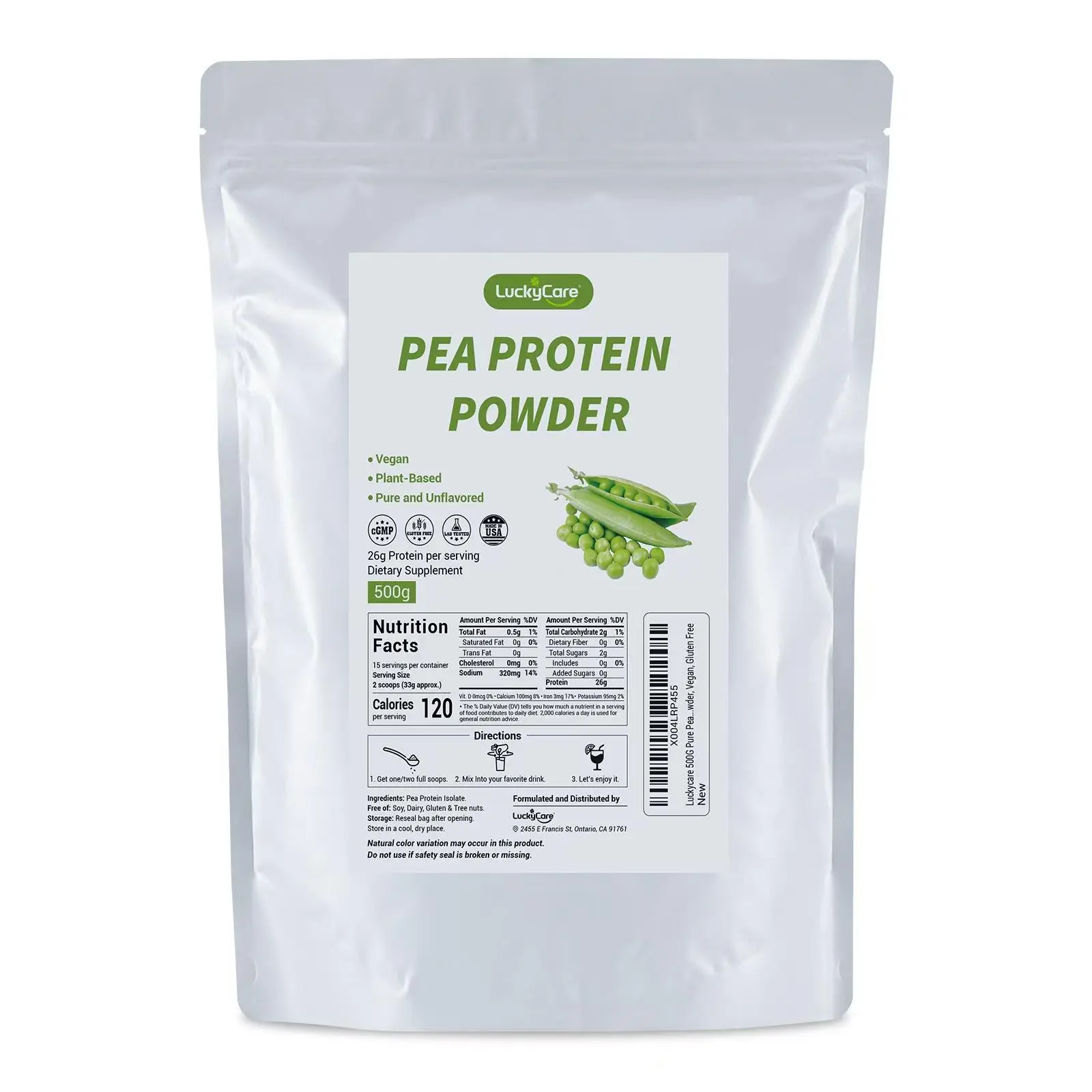LuckyCare Pea Protein Powder - Unflavored Vegan Formula, 1.1 Pounds, 26g Per Serving, Gluten Free, Organic Plant Based, Dietary Health Source - Healthcare Supplement Nutrition