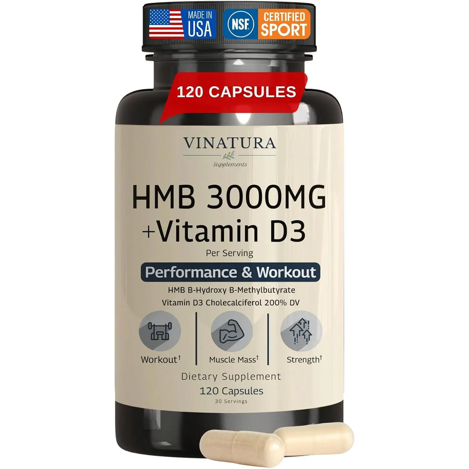 HMB Supplement 3000mg with Vitamin D3 Muscle Support Beta Hydroxy Beta Methylbutyrate 120 Capsules