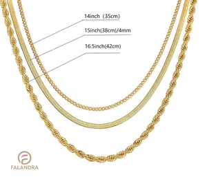 Falandra Elegant Layered Fashion Necklace Set - 18K Gold Plated Beaded Herringbone, Figaro, Cuban & Snake Chains - 5 Stylish Combinations for Gifts
