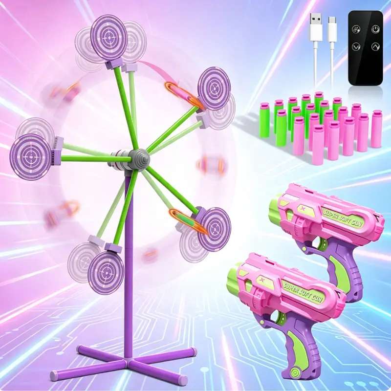 Rotating Ferris-Wheel Shooting Target Toy with Built-in Li-ion, 2 Blaster Guns, Remote-Controlled Adjustable-Speed Target, Safe Soft Darts, Kids Indoor/Outdoor Game, Compatible with Most Foam Blasters, Gift for Ages 6+