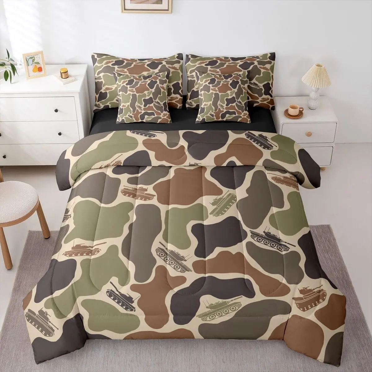 Feelyou Camo 7-Piece Military Bedding Set - Ultra Soft, Breathable, Cosy Tank Comforter with Sheets, Army Green All-Seasons Home Bedroom Multi-Size Bed-in-a-Bag