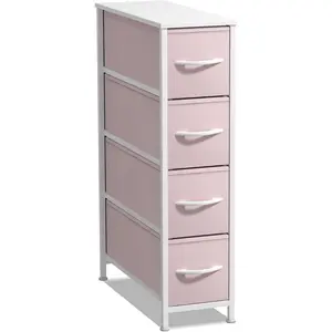 Kids Narrow 4-Drawer Dresser - Vertical Slim Storage Chest of Drawers with Steel Frame, Wood Top & Easy Pull Fabric Bins for Small Spaces, Closets, Bedroom, Bathroom & Laundry