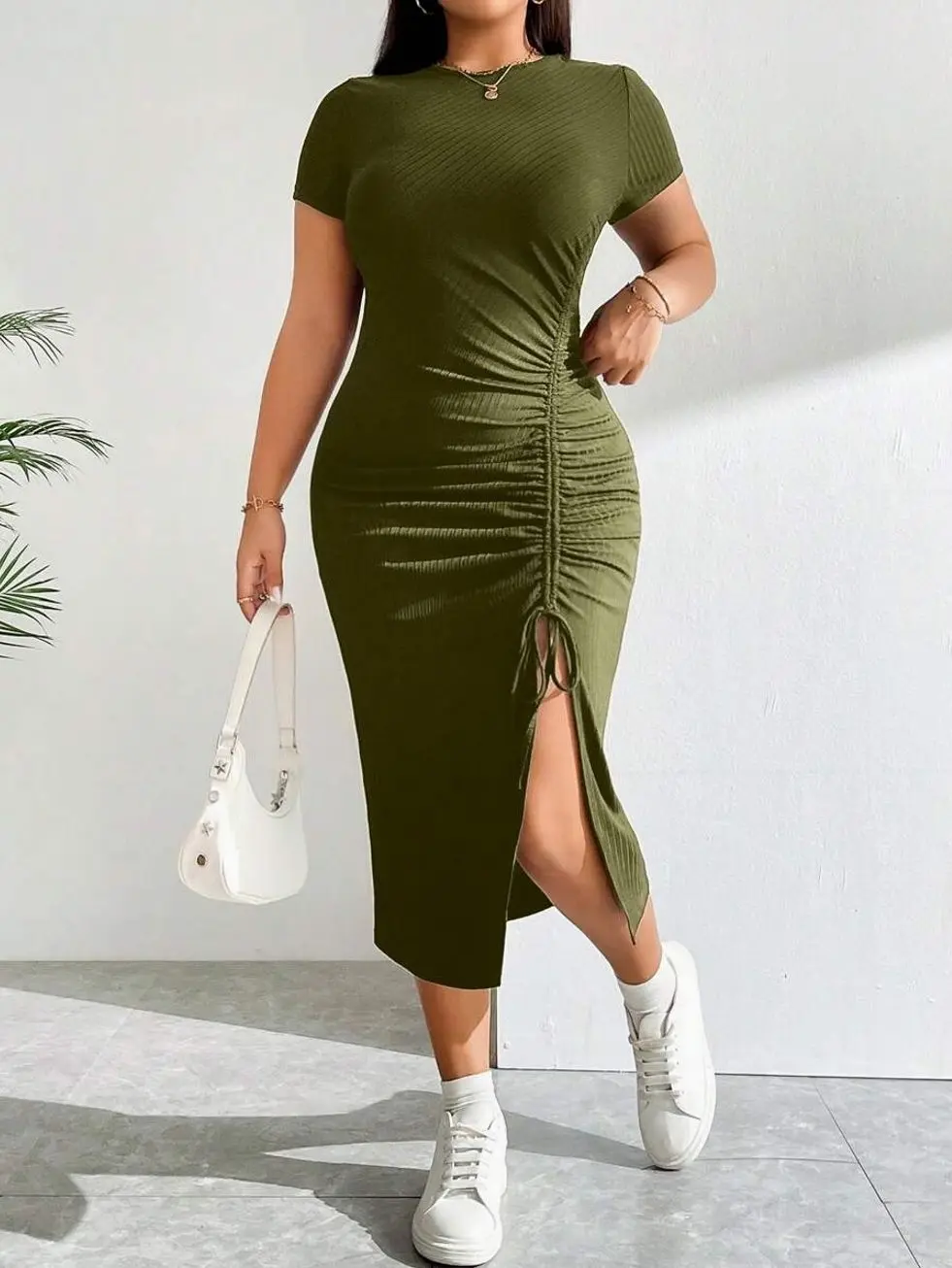 Plus Size Olive Green Bodycon Midi Dress, Slim Fit Drawstring Gathered Slit Summer Outfit