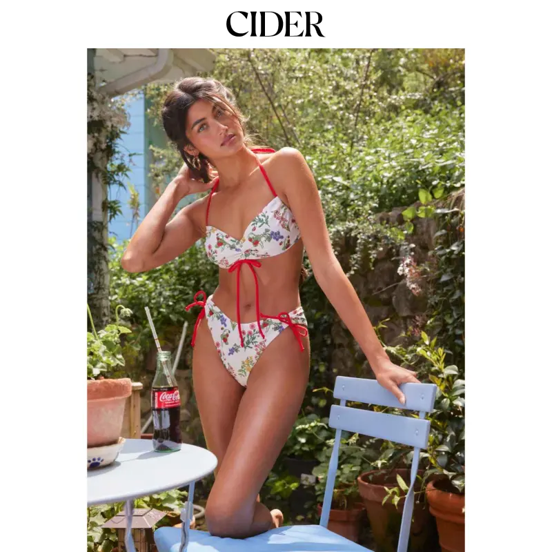 Cider [5 colors, size 0-10] Halter Floral Bowknot Drawstring Bracelet Cheeky Bikini Swimsuit