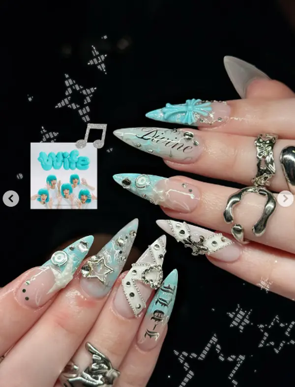 Aqua Silver Y2K Stiletto Press On Nails, 3D Star Cross Chrome Nail Set, Cyber Fairy Futuristic Kpop Luxury False Nails Gift