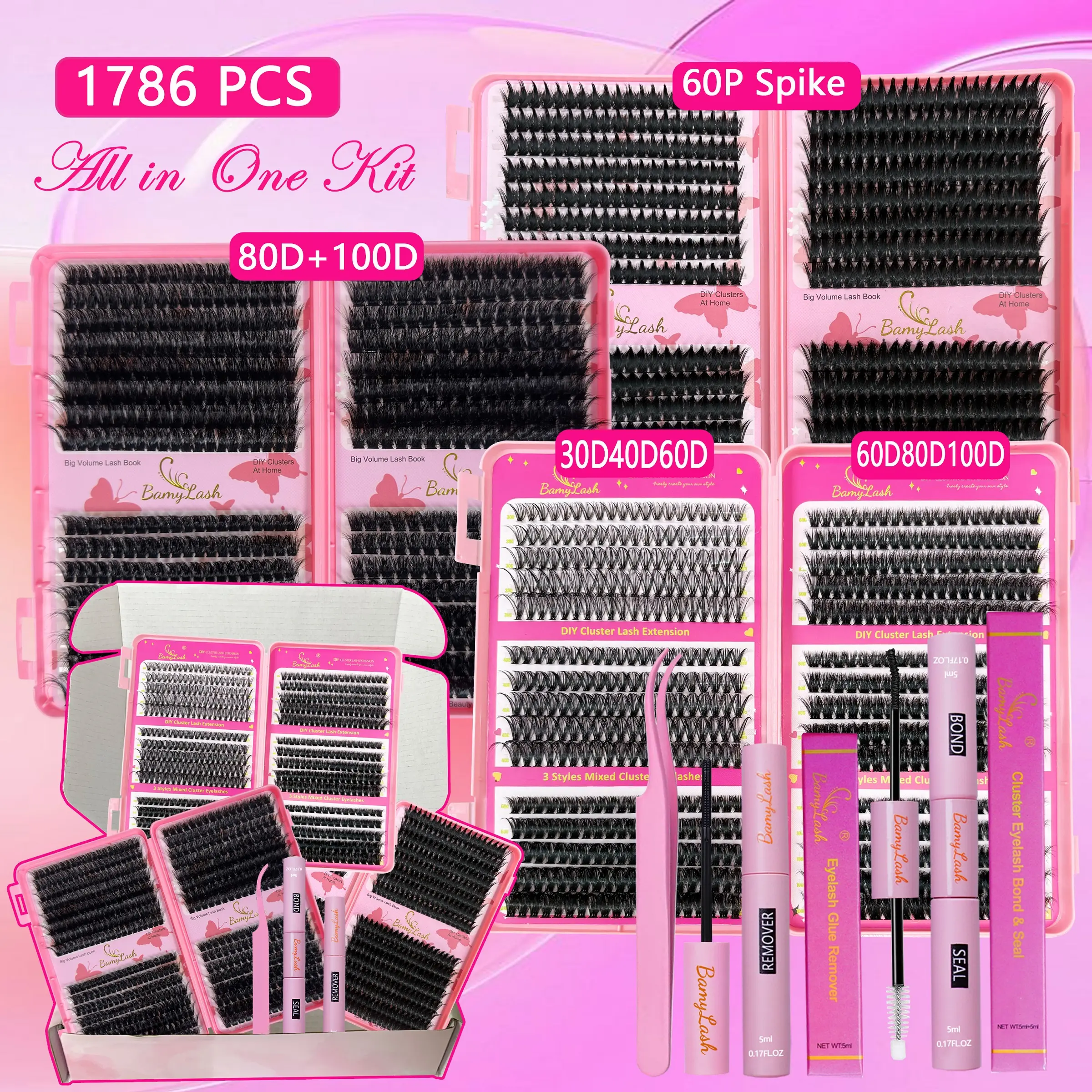 3466810+80100+60p Spike Cosmetic False Eyelashes Book, Dual-Headed Tweezers Gift Set, Eyelash Kit, Natural Fluffy D Curl Lashes, Dense Volume Anime Style, DIY Eyelash Extensions, Lash Cluster, Eyelash Extension, Eyelash Clusters Kit