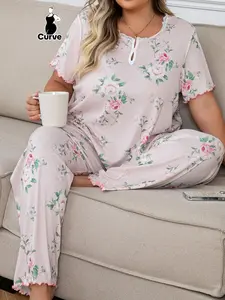 Plus Size Women's Floral Knit Pajama Set with Ruffled Sleeves and Hem, Loose-Fitting Short Sleeve and Long Pants for All Seasons, Casual Comfort Sleepwear Loungewear