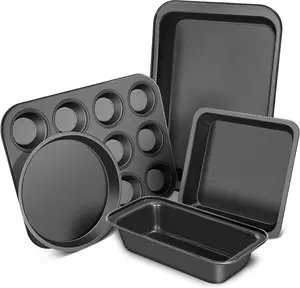 Baking Pans Set, 5-Piece Nonstick Bakeware Sets with Round/Square Cake Pan, Muffin Loaf Roast Pan, Baking Sheets for Oven, Kitchen Cookware Sets Baking Tray Baking Supplies, Black CasaCulina