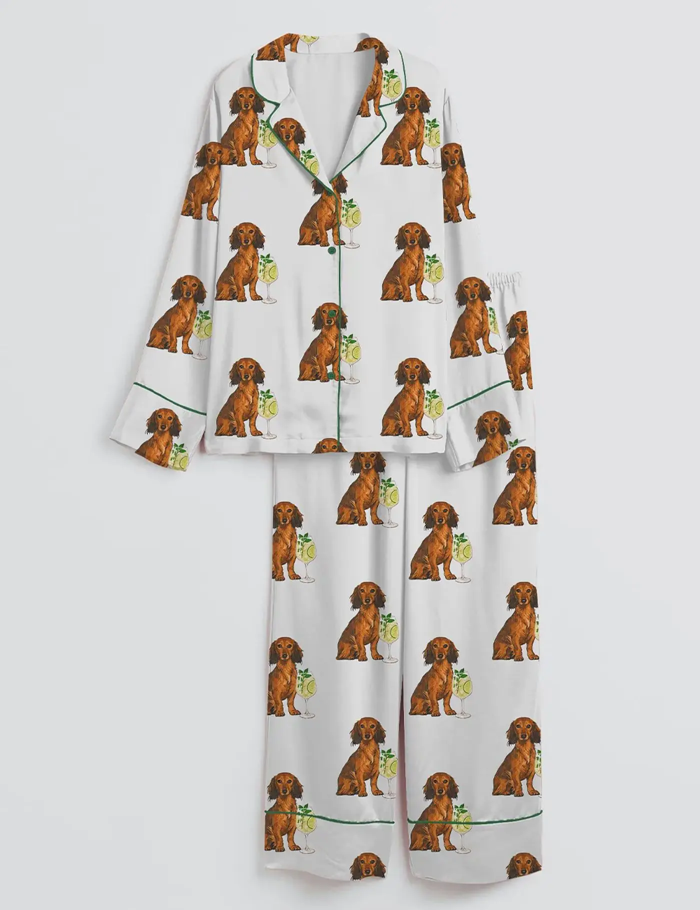 Women’s Dachshund Pajama Set – Dog & Lime Cocktail Print Satin Sleepwear Long Sleeve Breathable
