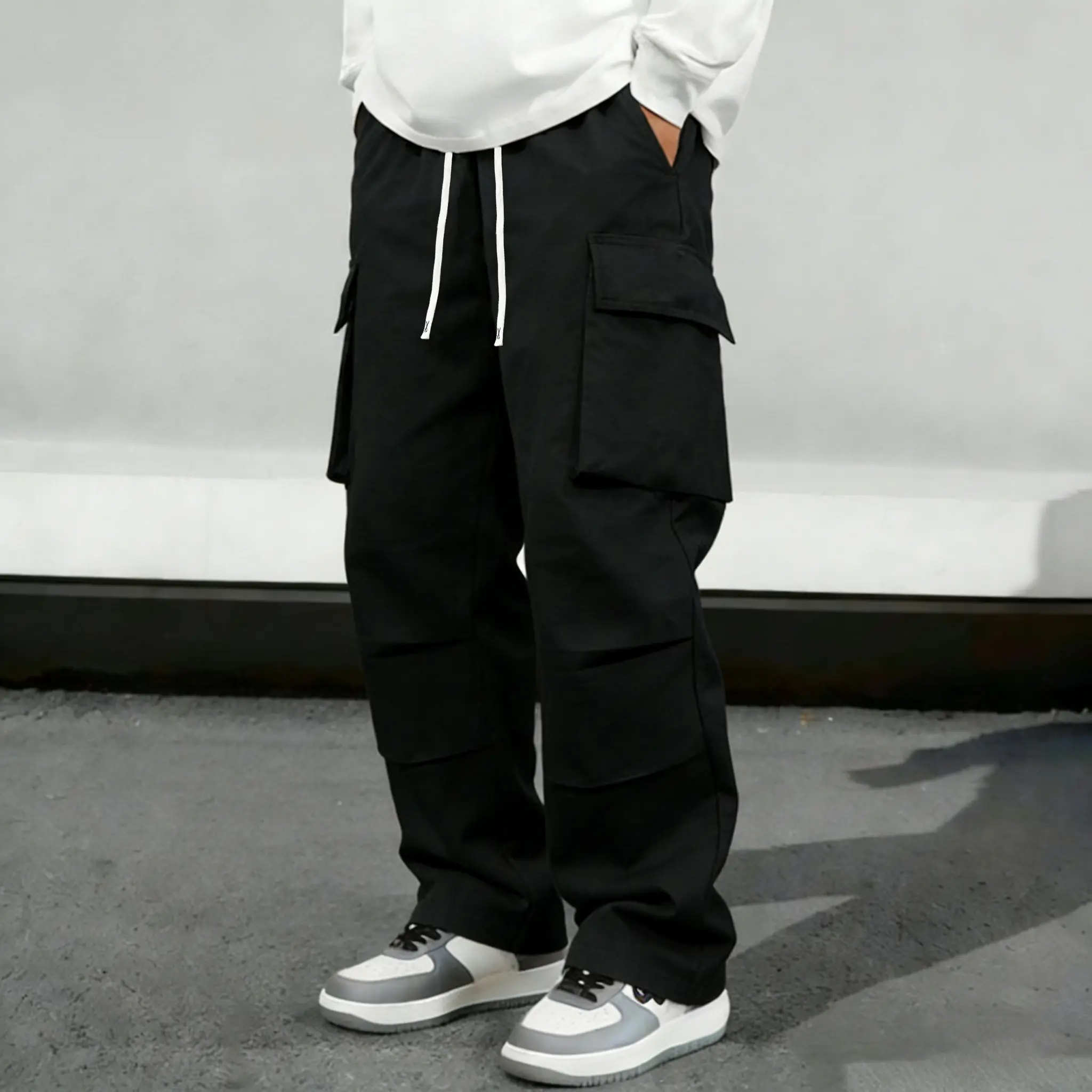Men’s American High Street Cargo Workwear Pants – Spring/Autumn Trendy Brand, Loose Straight-Leg, Multi-Pocket Drawstring Casual Wide-Leg Trousers