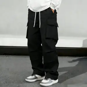 Men’s American High Street Cargo Workwear Pants – Spring/Autumn Trendy Brand, Loose Straight-Leg, Multi-Pocket Drawstring Casual Wide-Leg Trousers
