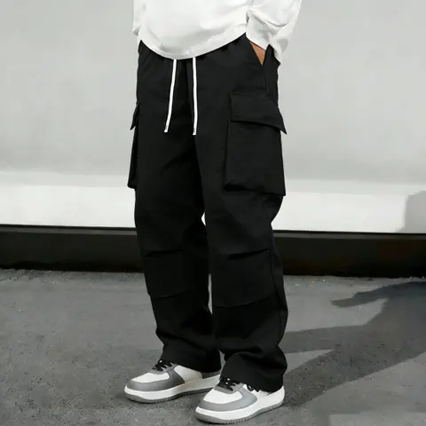 Men's American High Street Cargo Workwear Pants - Street Wear Menswear, Spring/Autumn Trendy Brand, Loose Straight-Leg, Multi-Pocket Drawstring, Oversized Baggy, Polyester Edit Casual Trousers