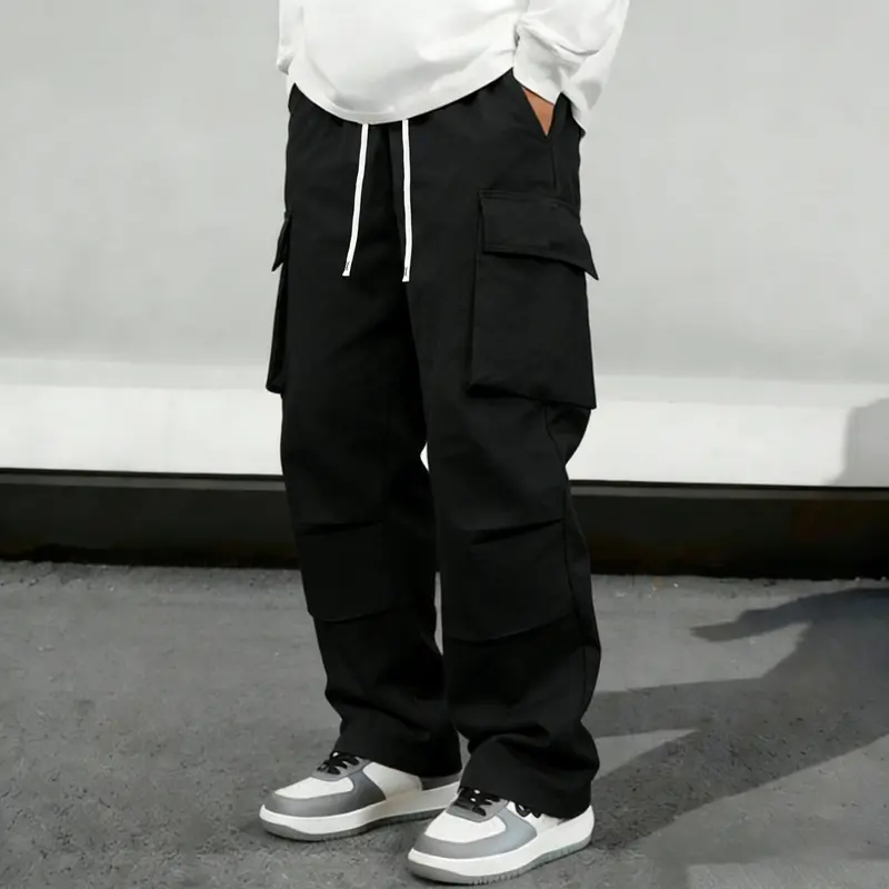 Men's American High Street Cargo Workwear Pants - Street Wear Menswear, Spring/Autumn Trendy Brand, Loose Straight-Leg, Multi-Pocket Drawstring, Oversized Baggy, Polyester Edit Casual Trousers