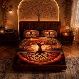 Mystical Tree of Life Fitted Sheet 3-Piece Set (1 Fitted Sheet + 2 Pillowcases, No Pillow Insert Included), Boho Chic Style, Breathable Deep Pocket Design, Soft & Skin-Friendly Fabric, Ideal for Adults & Teens Bedroom Decor, Perfect as a Gift