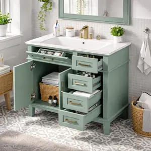 36 in Modern Light Green Solid Wood Bathroom Vanity - Sturdy Multi-Drawer Floor Cabinet, Ceramic Rectangular Basin, Soft-Close Door, 4 Storage Drawers, Clean Lines, Refined Practicality (Old SKU:N729P253935F), Multi-Drawer Floor Cabinets, Sturdy Floor Cab