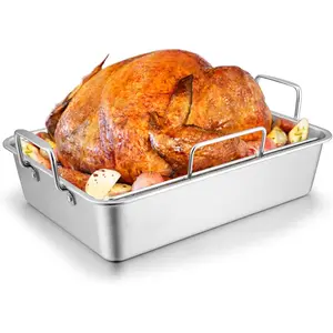 Roasting Pan with Rack for Turkey, Stainless Roaster Pan and V-rack for Oven, Rectangular with Sturdy Handles, Duty & Dishwasher Safe (Large)