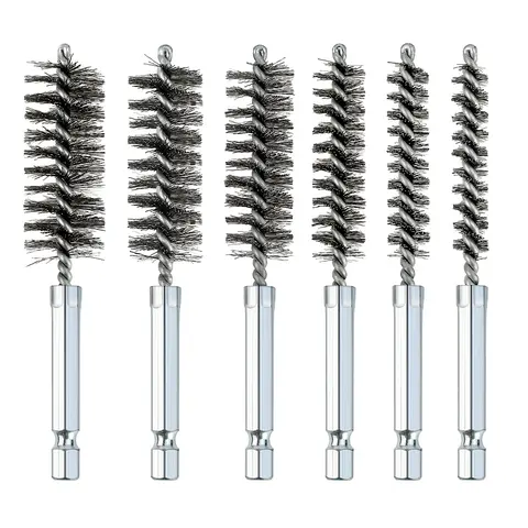 6-Piece Stainless Steel Bore Brush Set with 1/4" Hex Shank, Twisted Wire Brushes in Multiple Sizes for Rust Removal and Tube and Hardware Cleaning, Cleaning Tools