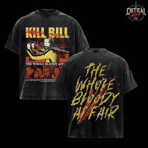 Kill Bill The Whole Bloody Affair Vintage Washed Oversized T-Shirt, Quentin Tarantino Cult Classic Movie Graphic Tee, Retro Samurai Revenge Film Streetwear, Double Sided Uma Thurman Katana Poster Shirt, Y2K Cinema Fan Heavy Cotton Merch Gift