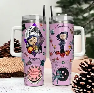 Purple Version 15th anniversary Coraline Cartoon Tumbler 20oz 40oz, Dark Fantasy Cartoon Aesthetic Cup, Whimsical Gothic Gift, Stainless Steel Travel Mug With Handle & Straw