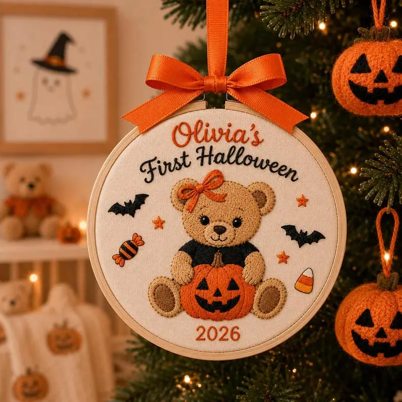 Embroidered Personalized Baby First Halloween Ornament, Embroidered Pumpkin Bear Nursery Hoop Name Sign, Halloween Baby Shower Gift