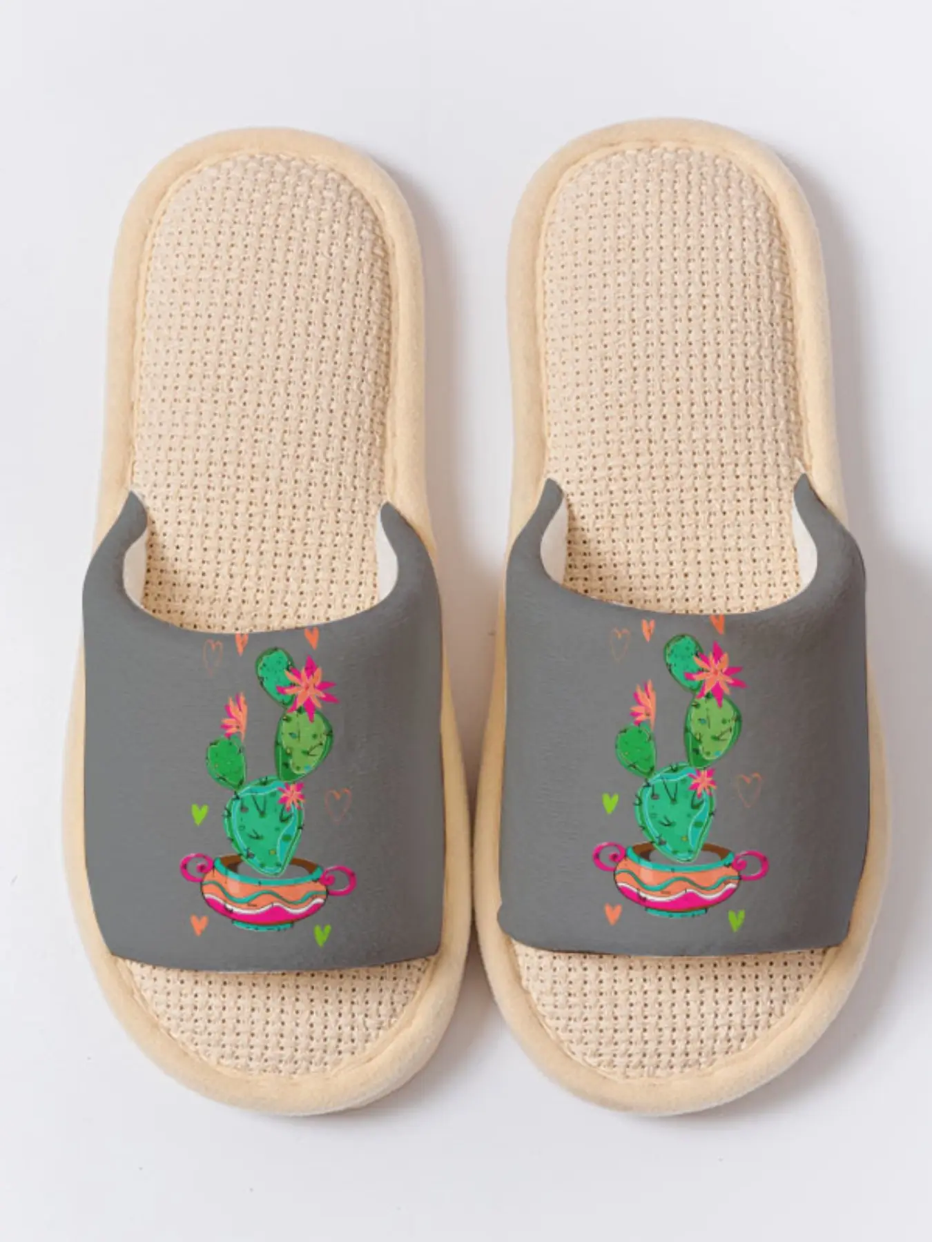 Potted Cactus Boho Fresh 1 Pair Breathable Linen Non-slip House Slippers, Casual Lightweight All Season Home Shoes For Plant Lovers Women Men Family Guest Daily Wear