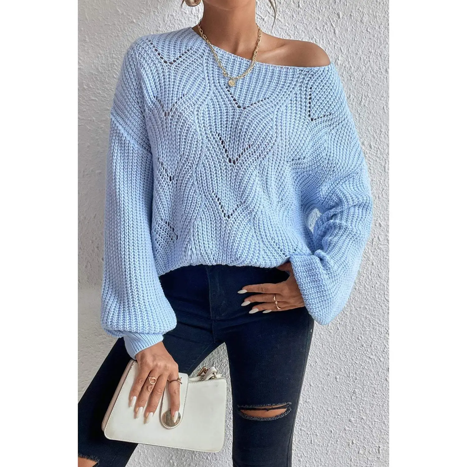 Openwork Boat Neck Dropped Shoulder Sweater
